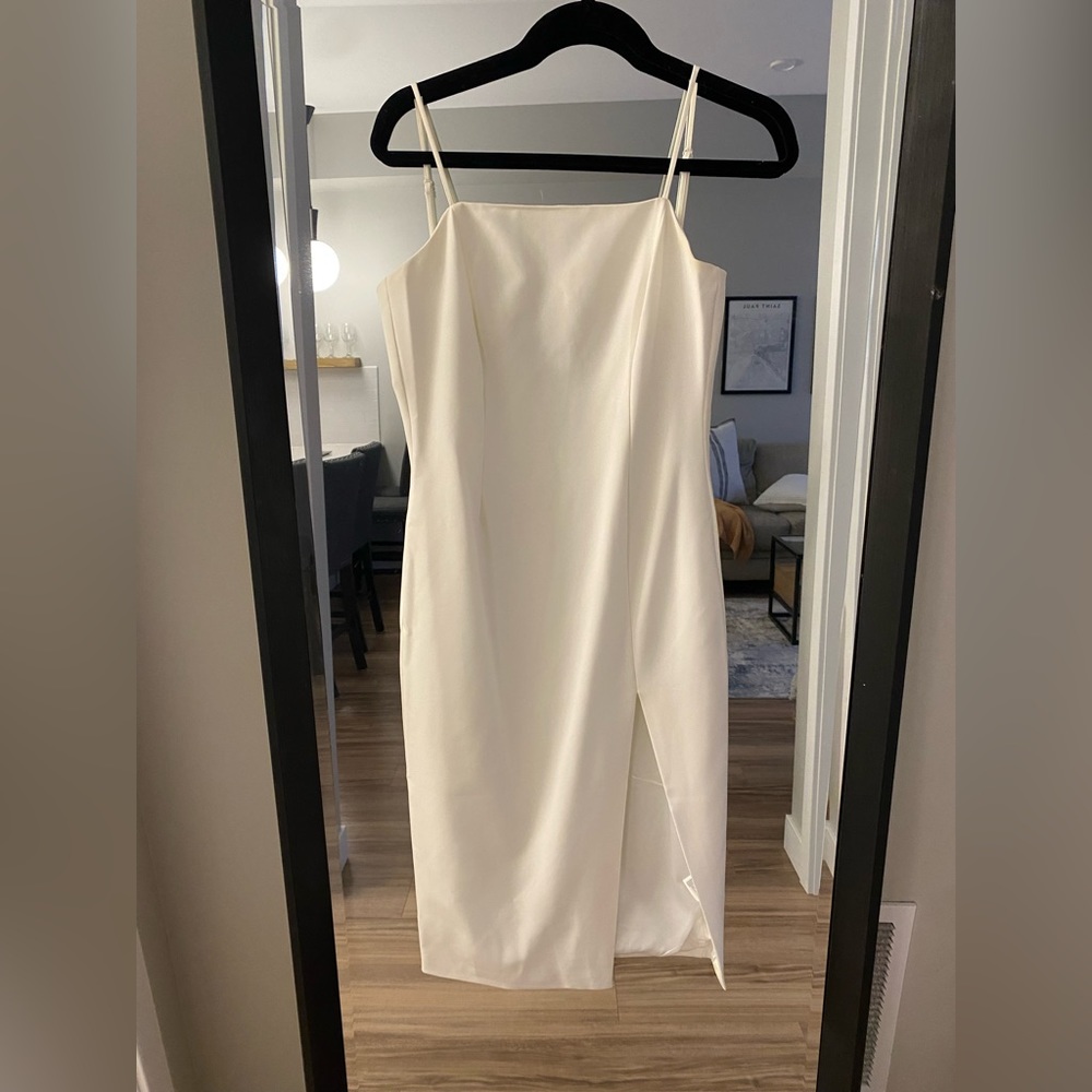 white Bardot midi dress - good for bridal events!